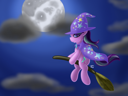 Size: 1600x1200 | Tagged: safe, artist:bleuey, character:starlight glimmer, species:pony, species:unicorn, accessory swap, broom, cape, clothing, cloud, female, flying, flying broomstick, full moon, halloween, hat, holiday, moon, night, solo, the great and powerful, the great and powerful starlight, trixie's cape, trixie's hat