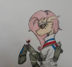 Size: 1165x1080 | Tagged: safe, artist:incrediblepanzer, character:fluttershy, species:pony, clothing, cyborg, female, simple background, solo, traditional art, white background