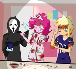 Size: 2750x2500 | Tagged: safe, artist:noahther, character:applejack, character:pinkie pie, character:rainbow dash, my little pony:equestria girls, american football, cellphone, clothing, ghostface, halloween, holiday, indianapolis colts, nfl, nurse, phone, scream mask, smartphone, sports, table