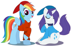 Size: 1092x705 | Tagged: safe, artist:mintystitch, character:rainbow dash, character:rarity, alternate hairstyle, clothing, collar, hoodie