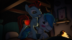 Size: 3840x2160 | Tagged: safe, artist:fiopon, oc, oc only, oc:fiopon, oc:shiver soft, 3d, bed, blushing, ear bite, fiery wings, fireplace, fluttershy's cottage, gay, male, night, oc x oc, shipping, source filmmaker