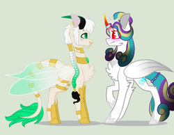Size: 1015x787 | Tagged: safe, artist:owocrystalcatowo, oc, oc only, oc:ancient king, oc:shy heart, parent:thorax, species:changepony, species:pony, blushing, female, hybrid, mare, original species, parent:oc:crystal heart, simple background
