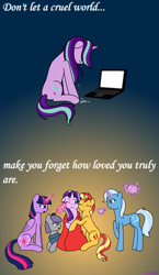 Size: 1283x2217 | Tagged: safe, artist:hayley566, character:boulder, character:maud pie, character:starlight glimmer, character:sunset shimmer, character:trixie, character:twilight sparkle, character:twilight sparkle (alicorn), species:alicorn, species:earth pony, species:pony, species:unicorn, blanket, comforting, computer, crying, cup, cute, drama, eyes closed, female, floppy ears, glimmerbetes, glowing horn, heartwarming, hug, in defense of starlight, laptop computer, magic, mare, one eye closed, positive message, positive ponies, sad, sadlight glimmer, sitting, starlight drama, starlight drama drama, teacup, teapot, telekinesis, there is hope