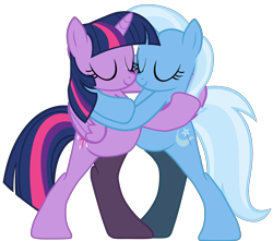 Size: 5404x4775 | Tagged: safe, artist:ramseybrony17, character:trixie, character:twilight sparkle, character:twilight sparkle (alicorn), species:alicorn, species:pony, ship:twixie, absurd resolution, bipedal, eyes closed, female, friendshipping, hug, implied lesbian, implied shipping, implied twixie, lesbian, shipping, simple background, smiling, transparent background, vector
