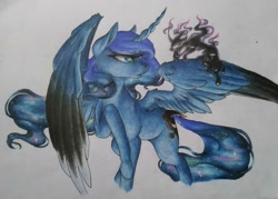 Size: 1323x945 | Tagged: safe, artist:cloud-dash, character:princess luna, character:tantabus, species:alicorn, species:pony, colored wings, female, multicolored wings, solo, traditional art
