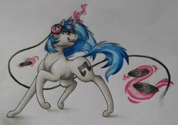 Size: 1337x935 | Tagged: safe, artist:cloud-dash, character:dj pon-3, character:vinyl scratch, species:pony, female, headphones, magic, record, solo, traditional art