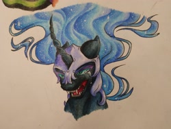 Size: 4160x3120 | Tagged: safe, artist:cloud-dash, character:nightmare moon, character:princess luna, species:pony, bust, crying, curved horn, female, high res, portrait, sharp teeth, solo, teeth, traditional art