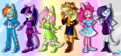 Size: 4050x1876 | Tagged: safe, artist:mysteryart716, character:applejack, character:fluttershy, character:pinkie pie, character:rainbow dash, character:rarity, character:twilight sparkle, species:anthro, species:fox, species:rabbit, abstract background, animal, bracelet, bunnified, bunny pie, cat, catified, clothing, coyote, cutie mark necklace, female, hat, hedgehog, jewelry, mane six, mobian, pronghorn, shoes, sonic the hedgehog (series), sonicified, species swap, twilight cat, vixen, watermark, yuji uekawa style