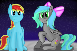 Size: 4500x3000 | Tagged: safe, artist:flamelight-dash, oc, oc only, oc:flamelight dash, oc:starfire, cloud, duo, duo male and female, female, hair bow, male, night, speedpaint available, stars