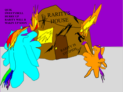 Size: 1501x1125 | Tagged: safe, artist:jacobfoolson, character:rainbow dash, character:scootaloo, 1000 hours in ms paint, arson, fire, graffiti, vandalism