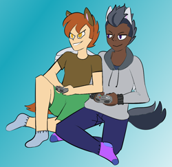 Size: 978x950 | Tagged: safe, artist:icey-wicey-1517, artist:pandaamanda11, character:button mash, character:rumble, species:human, clothing, collaboration, controller, dark skin, eared humanization, gay, gradient background, hoodie, hug, humanized, male, older, rumblemash, shipping, shirt, shorts, socks, t-shirt, tailed humanization, winged humanization, winghug, wings