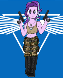 Size: 2060x2560 | Tagged: safe, artist:xphil1998, character:starlight glimmer, my little pony:equestria girls, belly button, boots, camouflage, clothing, command and conquer, crossover, desert eagle, dog tags, dual wield, gun, guns akimbo, midriff, military, red alert 3, shoes, smiling, tank top, tanya adams, weapon