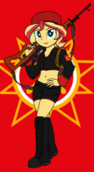 Size: 1536x2796 | Tagged: safe, artist:xphil1998, character:sunset shimmer, my little pony:equestria girls, belly button, beret, boots, clothing, command and conquer, crossover, epaulettes, gun, hat, midriff, military, natasha volkova, red alert 3, rifle, shoes, shorts, sling, smiling, sniper rifle, soviet shimmer, weapon