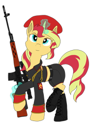 Size: 1256x1716 | Tagged: safe, artist:xphil1998, character:sunset shimmer, species:pony, species:unicorn, beret, boots, clothing, command and conquer, crossover, dragunov, dragunov svd, epaulettes, female, glowing horn, gun, hat, hooves, horn, looking at you, magic, mare, midriff, military uniform, natasha volkova, optical sight, red alert, red alert 3, rifle, shoes, simple background, sniper, sniper rifle, sniperskya vintovka dragunova, solo, soviet shimmer, svd, telekinesis, transparent background, weapon