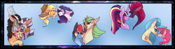 Size: 7000x2000 | Tagged: safe, artist:thebigearredbat, character:applejack, character:captain celaeno, character:discord, character:fizzlepop berrytwist, character:fluttershy, character:pinkie pie, character:princess skystar, character:rainbow dash, character:rarity, character:tempest shadow, character:twilight sparkle, character:zecora, species:anthro, species:classical hippogriff, species:hippogriff, ship:celaenodash, ship:discoshy, ship:rarijack, ship:shycora, ship:skypie, ship:tempestlight, ship:zecord, my little pony: the movie (2017), discoshycora, female, lesbian, male, mane six, polyamory, shipping, straight