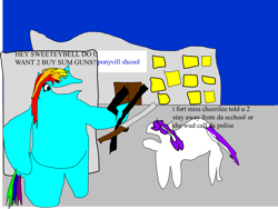 Size: 1514x1140 | Tagged: safe, artist:jacobfoolson, character:rainbow dash, character:sweetie belle, 1000 hours in ms paint, gun, stylistic suck, weapon