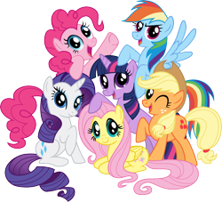 Size: 4946x4492 | Tagged: safe, artist:crunchnugget, character:applejack, character:fluttershy, character:pinkie pie, character:rainbow dash, character:rarity, character:twilight sparkle, species:earth pony, species:pegasus, species:pony, species:unicorn, absurd resolution, female, mane six, mane six opening poses, mare, one eye closed, open mouth, prone, raised hoof, simple background, spread wings, transparent background, vector, wings, wink