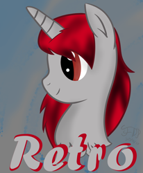 Size: 3300x4000 | Tagged: safe, artist:flamelight-dash, oc, oc only, oc:retro, species:pony, species:unicorn, black, bust, gift art, gray, icon, male, red eyes, red mane, simple background, solo