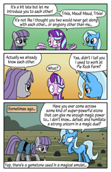 Size: 550x850 | Tagged: safe, artist:acidemerald, character:maud pie, character:starlight glimmer, character:trixie, species:earth pony, species:pony, species:unicorn, episode:rock solid friendship, g4, my little pony: friendship is magic, comic, dialogue, female, implied alicorn amulet, implied twilight sparkle, lidded eyes, mare, rock, rock farm, shrunken pupils, sweat