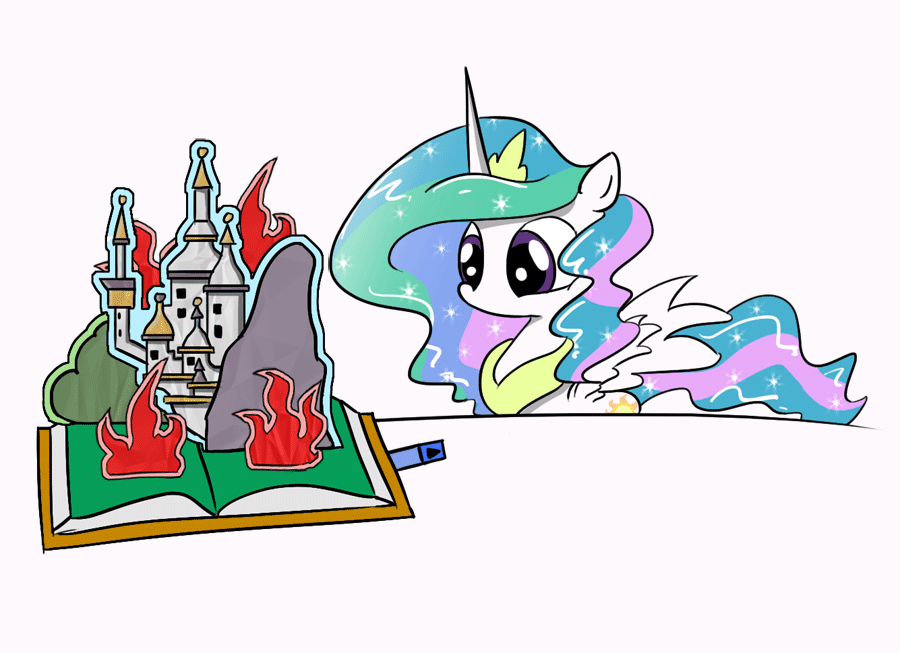 Size: 900x653 | Tagged: safe, artist:thewormouroboros, character:princess celestia, animated, book, female, pop-up book, pyromaniac, solo, this will end in death, this will end in fire, this will end in tears, this will end in tears and/or death