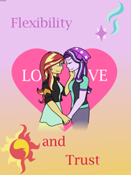 Size: 960x1280 | Tagged: safe, artist:hayley566, character:starlight glimmer, character:sunset shimmer, ship:shimmerglimmer, my little pony:equestria girls, beanie, clothing, cutie mark, eyes closed, female, gradient background, hat, heart, holding hands, jacket, leather jacket, lesbian, shipping