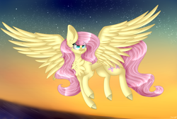 Size: 5821x3919 | Tagged: safe, artist:cat-chai, character:fluttershy, species:pony, chest fluff, female, flying, high res, mare, solo, spread wings, sunrise, wings