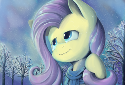 Size: 2039x1378 | Tagged: safe, artist:pexpy, character:fluttershy, species:pegasus, species:pony, bust, clothing, female, looking away, looking up, mare, portrait, scarf, smiling, snow, snowfall, solo, tree, winter, wintershy