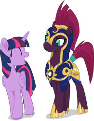 Size: 2340x2999 | Tagged: safe, artist:brisineo, artist:kitana762, character:fizzlepop berrytwist, character:tempest shadow, character:twilight sparkle, character:twilight sparkle (alicorn), species:alicorn, species:pony, species:unicorn, my little pony: the movie (2017), armor, broken horn, eyes closed, fanfic, fanfic art, female, helmet, mare, open mouth, royal guard, simple background, smiling, tempest becomes a royal guard, transparent background