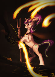 Size: 1000x1387 | Tagged: safe, artist:xaneas, character:starlight glimmer, species:pony, species:unicorn, balrog, bipedal, cape, clothing, crossover, female, fire, floppy ears, lord of the rings, mare, s5 starlight, solo focus, staff, staff of sameness, whip, you shall not pass