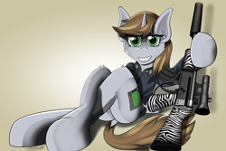 Size: 4500x3000 | Tagged: safe, artist:raptorpwn3, oc, oc only, oc:littlepip, species:pony, species:unicorn, fallout equestria, assault rifle, clothing, cute, dock, fanfic, fanfic art, female, gradient background, gun, hooves, horn, jacket, mare, optical sight, pinup, pipbuck, rifle, scope, smiling, solo, teeth, vault suit, weapon, zebra rifle