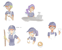 Size: 1280x1018 | Tagged: safe, artist:noahther, character:maud pie, character:starlight glimmer, character:sunburst, character:thorax, character:trixie, species:human, ..., clothing, coffee, humanized, uniform, waiter