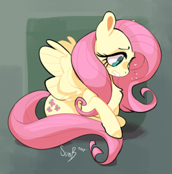 Size: 1024x1035 | Tagged: safe, artist:sunbusting, character:fluttershy, species:pegasus, species:pony, chest fluff, female, looking away, looking down, mare, nervous, shy, sitting, solo, spread wings, sweat, sweatdrops, wavy mouth, wings