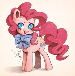 Size: 1195x1208 | Tagged: safe, artist:sunbusting, character:pinkie pie, species:earth pony, species:pony, bow, cute, diapinkes, female, mare, open mouth, signature, simple background, smiling, solo, standing