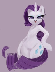 Size: 744x966 | Tagged: safe, artist:sunbusting, character:rarity, species:pony, species:unicorn, bipedal, female, hips, looking at you, mare, purple background, semi-anthro, simple background, solo, tongue out, wide hips