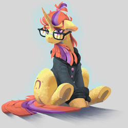 Size: 1000x1000 | Tagged: safe, artist:wynnchi, character:moondancer, species:pony, species:unicorn, clothing, female, glasses, mare, sitting, solo, sweater