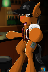 Size: 3000x4500 | Tagged: safe, artist:raptorpwn3, oc, oc only, oc:unionbreak, species:earth pony, species:pony, alcohol, bar, beer, cheers, clothing, drinking, drunk, happy, jacket, male, sitting, solo, stallion, vest