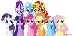 Size: 7178x3617 | Tagged: safe, artist:ramseybrony17, character:applejack, character:fluttershy, character:pinkie pie, character:rainbow dash, character:rarity, character:starlight glimmer, character:sunset shimmer, character:trixie, character:twilight sparkle, character:twilight sparkle (unicorn), species:earth pony, species:pegasus, species:pony, species:unicorn, female, high res, magical quartet, magical quintet, magical trio, mane six, mare, simple background, transparent background, vector