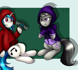 Size: 2000x1800 | Tagged: safe, artist:akashasi, character:dj pon-3, character:octavia melody, character:vinyl scratch, species:earth pony, species:pony, species:unicorn, clothing, female, grumpy, hoodie, mare, octavia is not amused, record, unamused