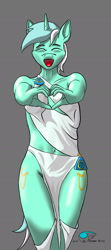 Size: 1013x2275 | Tagged: safe, alternate version, artist:thunderblitz1, character:lyra heartstrings, species:anthro, species:pony, species:unicorn, both cutie marks, clothing, female, heart hands, skimpy, toga