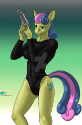 Size: 1024x1556 | Tagged: safe, artist:thunderblitz1, character:bon bon, character:sweetie drops, species:anthro, species:earth pony, species:pony, black, bodysuit, clothing, deviantart watermark, female, grappling hook, obtrusive watermark, one-piece swimsuit, secret agent, swimsuit, watermark