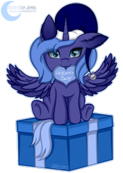 Size: 1240x1748 | Tagged: safe, artist:victoria-luna, character:princess luna, bell, christmas, clothing, cute, female, filly, hat, heart, holiday, lunabetes, mouth hold, polish, present, s1 luna, santa hat, spread wings, wings, woona, younger