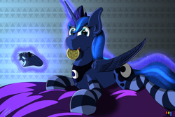 Size: 4500x3000 | Tagged: safe, artist:pedalspony, artist:raptorpwn3, character:princess luna, species:alicorn, species:pony, bed, clothing, cute, female, food, games, levitation, livestream, magic, mare, pricess, sheet, socks, solo, striped socks, telekinesis, thigh highs, video game, waffle, xbox, xbox one