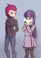 Size: 639x917 | Tagged: safe, artist:patty-plmh, character:fizzlepop berrytwist, character:tempest shadow, character:twilight sparkle, species:human, my little pony: the movie (2017), blue hair, blushing, clothing, coat, duo, female, gloves, hands in pockets, humanized, light skin, long hair, multicolored hair, outdoors, pantyhose, pink hair, purple hair, scarf, short hair, skirt, smiling, snow, snowfall, winter