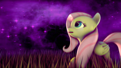Size: 1920x1080 | Tagged: safe, artist:firesparky, character:fluttershy, species:pegasus, species:pony, 3d, amazed, beautiful, cute, female, folded wings, grass, looking up, mare, night, open mouth, shyabetes, solo, space, stargazing, starry night