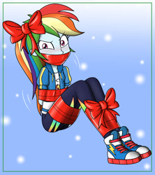 Size: 1200x1350 | Tagged: safe, artist:nivek15, character:rainbow dash, my little pony:equestria girls, angry, arm behind back, blushing, bondage, bound and gagged, clothing, converse, dashsub, female, femsub, gag, gift wrapped, hands behind back, pants, rainbond dash, ribbon, shoes, sneakers, solo, submissive, tied up