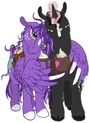 Size: 832x1142 | Tagged: safe, artist:quoting_mungo, oc, oc only, oc:mirror image, oc:scarlet ink, species:pegasus, species:pony, species:unicorn, 2018 community collab, derpibooru community collaboration, colored lineart, couple, hot chocolate, magic, plushie, simple background, transparent background, wing hands, wing hold