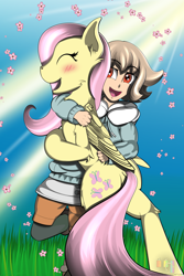 Size: 3000x4500 | Tagged: safe, artist:pedalspony, artist:raptorpwn3, character:fluttershy, species:pegasus, species:pony, atra, atra mixta, blushing, clothing, crossover, cute, female, grass, gundam, happy, hug, mare, mobile suit gundam iron-blooded orphans, outdoors, shyabetes, skirt