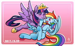 Size: 2362x1476 | Tagged: safe, artist:xenosaga428, character:rainbow dash, character:twilight sparkle, character:twilight sparkle (alicorn), species:alicorn, species:pegasus, species:pony, ship:twidash, angry, bedroom eyes, blushing, collar, crown, female, floppy ears, frog (hoof), heart, hoof shoes, jewelry, lesbian, looking at each other, looking at you, looking up, pet, pet play, pet tag, pet-dash, raised tail, regalia, shipping, spread wings, spreading, tail, tail aside, underhoof, wingboner, wings