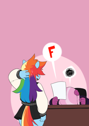 Size: 2480x3507 | Tagged: safe, artist:tsudanym, character:cheerilee, character:rainbow dash, species:anthro, art pack:lesson learned 2, clothing, desk, f, female, pleated skirt, skirt, student, sweat, sweatdrop, teacher, thighs