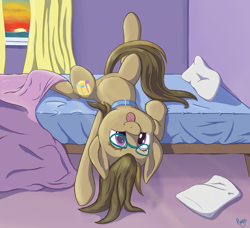 Size: 1510x1378 | Tagged: safe, artist:pexpy, oc, oc only, oc:dawnsong, species:earth pony, species:pony, :t, bed, blanket, blep, choker, colored pupils, cute, dawwww, featured on derpibooru, female, glasses, looking at you, mare, ocbetes, on back, on bed, pillow, raised leg, signature, silly, smiling, solo, sunrise, tongue out, upside down, window